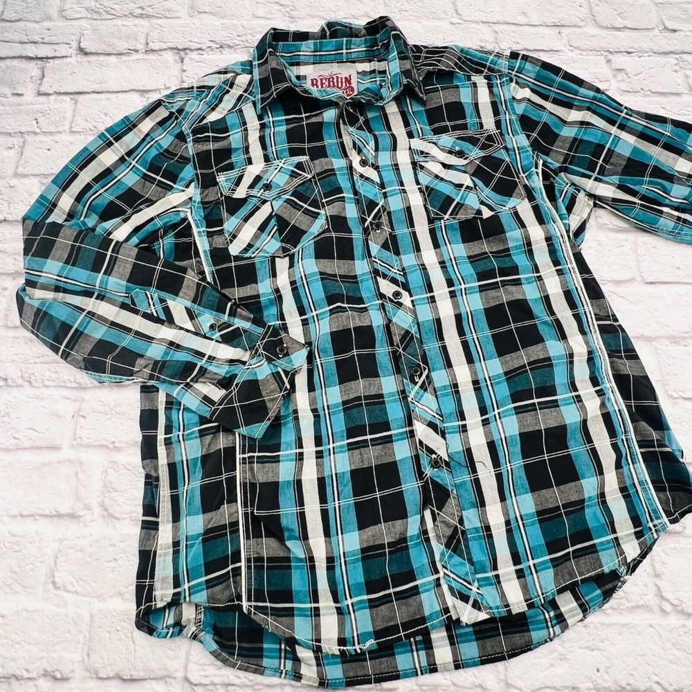 Rerun Mens XXL Plaid Button Down Shirt Teal Black White Contrast Stitch